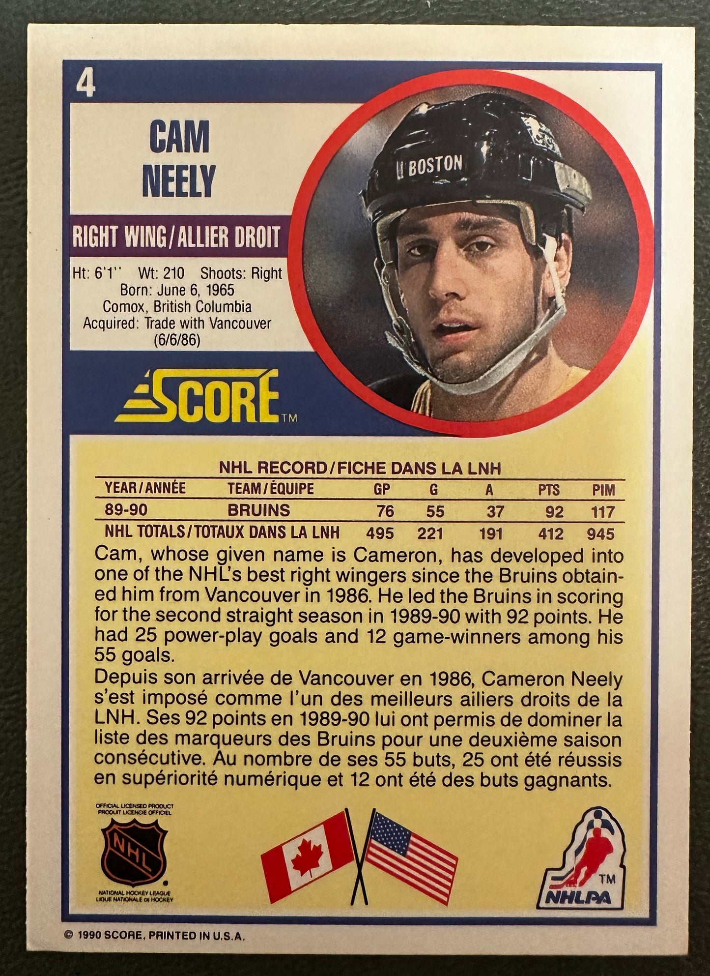 Panini Score 1990 Cam Neely #4